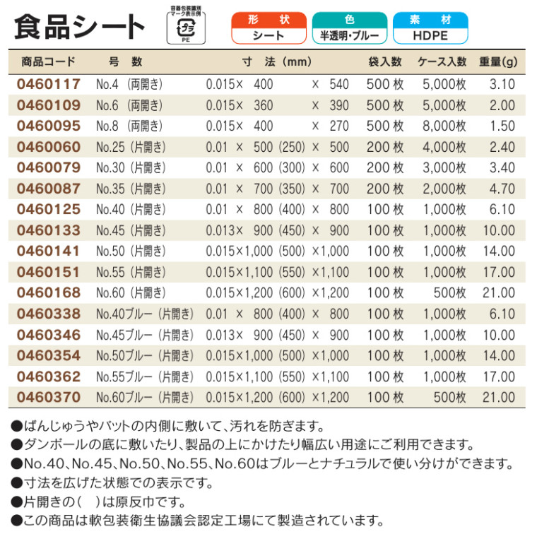 カテゴリー :: 消耗品資材 :: シート :: 食品シート :: 食品シート №55
